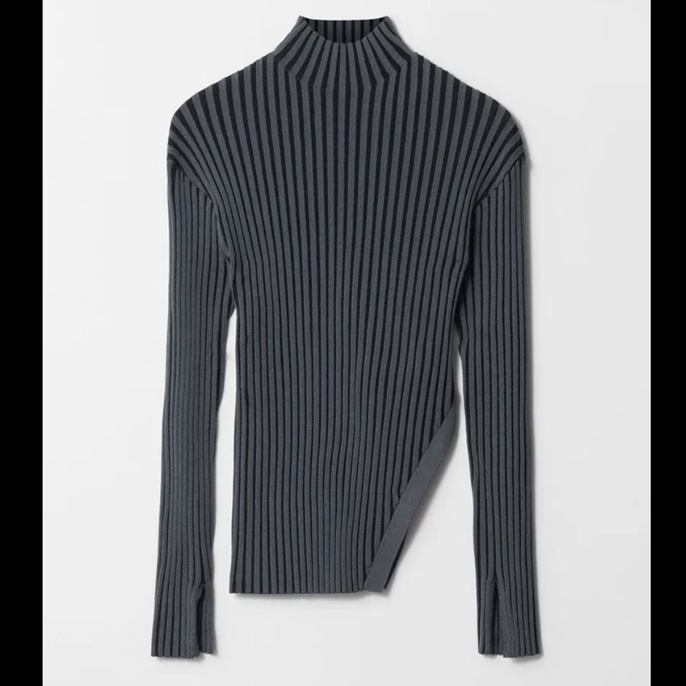 & Other Stories Knit Ribbed Fitted Sweater with Slit Hem Detail in Dark blue